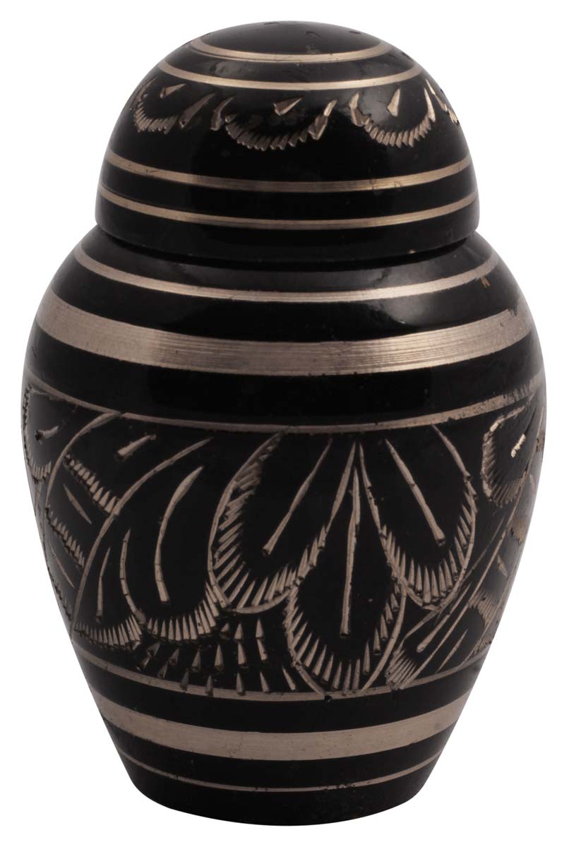3” Black Brass Pet Cremation Urn – Etched Bloomy Pattern – Hand-Crafted – Solid Urns for Ashes at Wholesale